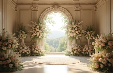 Elegant wedding ceremony setting in grand hall featuring rich floral arrangements in pastel pink, green, white. Soft sunlight streams through large arched window, offering breathtaking view of