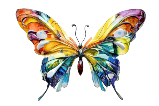 Vibrant abstract butterfly art isolated on transparent background. A beautiful butterfly with vibrant colors majestically displayed on a White Background.