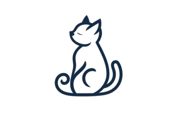 Stylized blue cat silhouette isolated on transparent background. Cute cat icon sitting with its tail curled clean lines and minimal details isolated on white background.