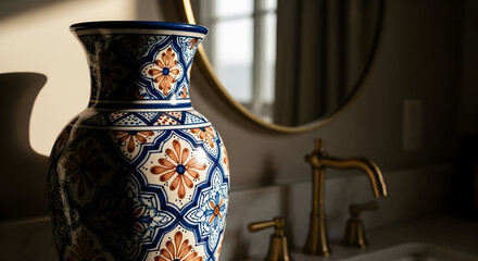Decorative Ceramic Vase In Bathroom Setting With Floral Pattern And Golden Accents