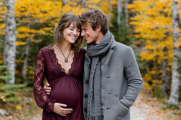 Happy expecting couple walking through autumn forest, pregnant woman in burgundy lace dress smiling with partner in cozy scarf and coat, romantic fall maternity lifestyle portrait
