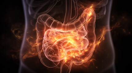 Human Intestines Glowing with Fire Inside the Body Symbolizing Pain and Inflammation