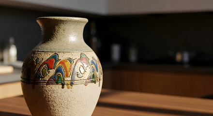 Decorative Ceramic Vase with Colorful Ornament Placed on a Wooden Surface in a Kitchen