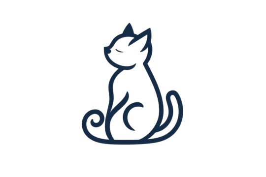 Stylized blue cat silhouette isolated on transparent background. Cute cat icon sitting with its tail curled clean lines and minimal details isolated on white background.