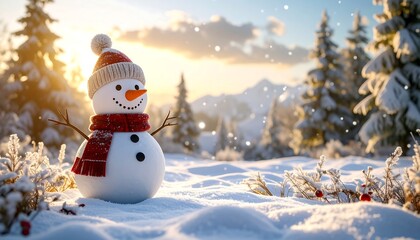 Obraz premium A cheerful snowman stands in a snow-covered landscape, with a red scarf and hat.