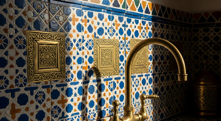 Decorative Golden Tap And Intricate Tilework Enhance Bathroom Interior Design Elegance