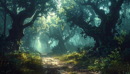 Obraz premium A sun-dappled path winds through a dense, mystical forest, bathed in soft, ethereal light.