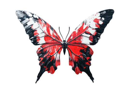 Vibrant red and white butterfly isolated on transparent background. Vibrant butterfly showcasing striking red and black wings against a pristine isolated on white background.