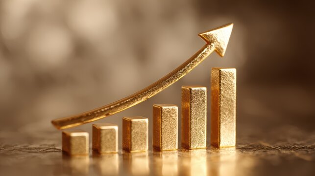 Golden Upward Trending Bar Graph with an Inspiring Arrow, Ideal for Financial or Progress Visualizations Boosts Confidence and Ambition.