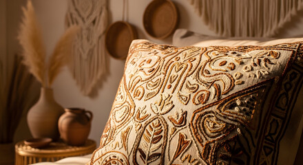 Decorative Pillow And Bohemian Home Decor With Woven Details And Warm Tones Aesthetic