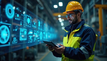 Engineer uses tablet with holographic 5G interface for remote industrial equipment diagnostics. Advanced connectivity enables manufacturing automation, production monitoring, process management.