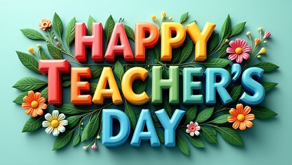 Colorful 3d letters spell happy teachers day surrounded by green leaves and flowers