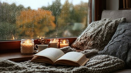 An open book and lit candles on a window sill with cozy knit blanket and pillow by rainy autumn window. Comfort cozy mood.