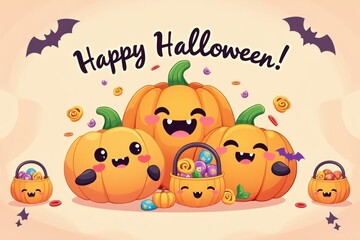Obraz premium Cute halloween pumpkins and candy with happy halloween text