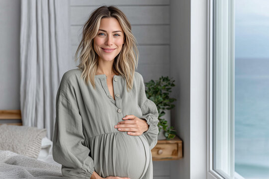 Smiling pregnant woman standing by window with ocean view, holding baby bump and wearing soft neutral dress, peaceful maternity portrait in coastal home with natural light
