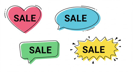 Four colorful sale tags in different shapes isolated on white background