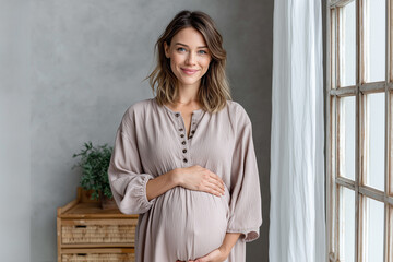 Smiling pregnant woman standing by window in soft neutral dress, holding her belly with both hands, peaceful maternity portrait in natural light and cozy indoor home setting