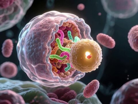 Lysosome Digestion Process - 3D Cell Organelles Animation of a lysosome fusing with a vesicle and digesting cellular contents, with glowing enzymes. Suitable for medical animation, biology teaching