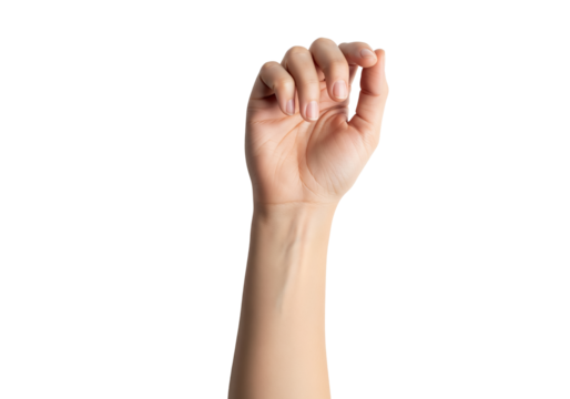 Raised woman hand with fingers gently curled, symbolizing gesture, movement, expression, strength, elegance, connection, identity