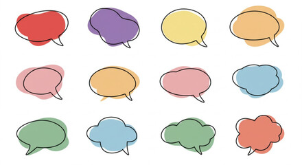 Collection of colorful speech bubbles with black outline isolated on white background