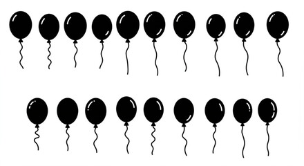 Collection of black balloons with strings isolated on white background