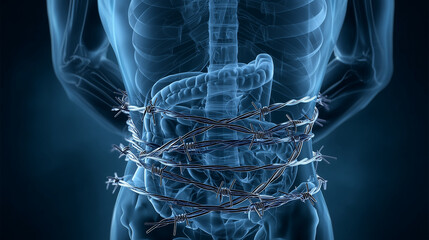 X-ray of human torso with barbed wire wrapped around stomach symbolizing pain
