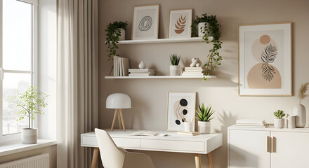 Elegant and modern home office interior with minimalist design showcasing plants and artwork