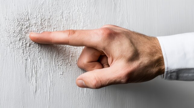 Hand Gesture Highlighting Mysterious Inscription on White Wall, Ideal for Engaging Social Media Posts and Quirky Marketing Campaigns.