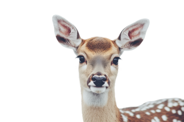Close up of a young deer head isolated on transparent background. Elegant spotted deer gracefully standing tall against a clean isolated on white background.