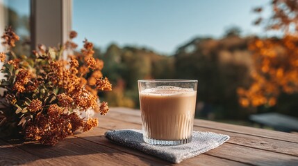 A glass of autumn drink on a wooden table. Cozy beverage for relaxing on the balcony. Fall season background.