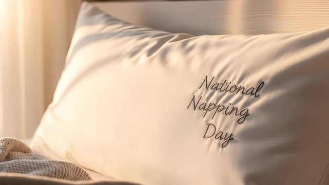Cozy relaxation: person enjoying peaceful rest on national napping day with sunlight on soft pillow
