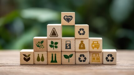 Vibrant Stack of Wooden Blocks with Safety Symbols, Ideal for Promotional Material and Campaigns Boosts Productivity and Professionalism.