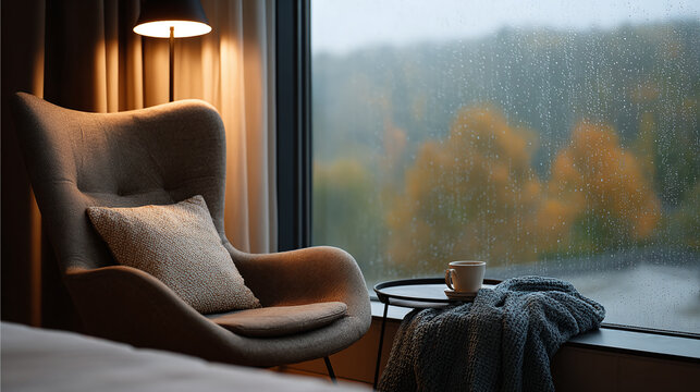 comfortable armchair by the window in a cosy room with a dull rainy autumn view