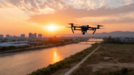 Drone flying above city river with reflection of orange sunset sky. Aerial view of modern technology for surveillance and mapping.