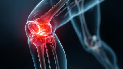 3D illustration of human knee joint with highlighted pain area
