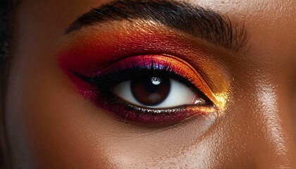 Close-up eye makeup artistry showcasing a vibrant gradient of fiery hues across the eyelid.