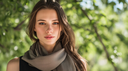 Naklejka premium Portrait of young woman with brown hair wearing gray scarf outdoors 