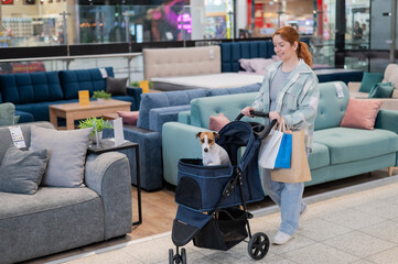 A Caucasian woman is shopping with her Jack Russell Terrier dog in a stroller in a shopping mall.