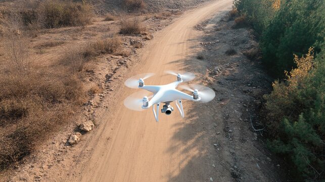 A white drone flying over a dirt road in a dry, open landscape, capturing aerial views for survey or exploration. - Powered by Adobe