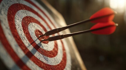 Two red darts stuck perfectly in the bullseye of a target, showcasing precision and exact hitting goal, achievement.