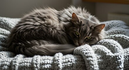 Gray tabby cat curled up on a knitted blanket looking at the camera with green eyes so cute and fluffy
