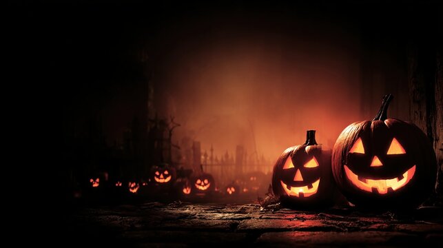 Spooky Halloween pumpkin jack-o'-lanterns glowing in a smoky dark graveyard at night for holiday celebration.