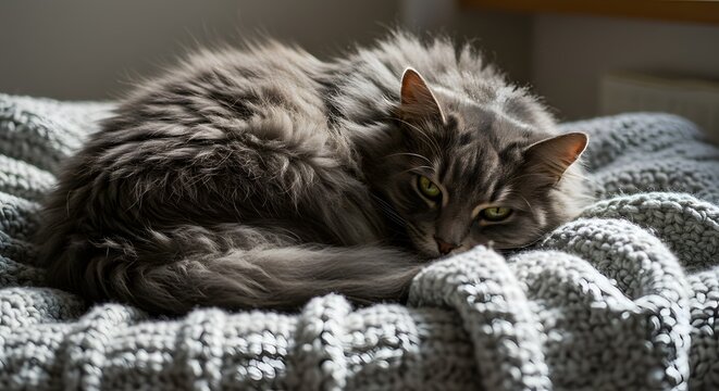 Gray tabby cat curled up on a knitted blanket looking at the camera with green eyes so cute and fluffy - Powered by Adobe