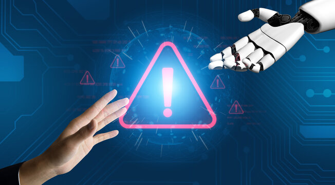 AI monitors network to issue real-time alerts for cybersecurity incidents. Alert warning showing red cyber for data breach, network threat, emphasis on security risk, caution, digital protection Vouch