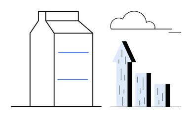 Milk carton beside upward-facing bar graph and cloud icon, symbolizing growth and progress. Ideal for business, sustainability, food industry, innovation, market trends, eco-friendly designs, simple