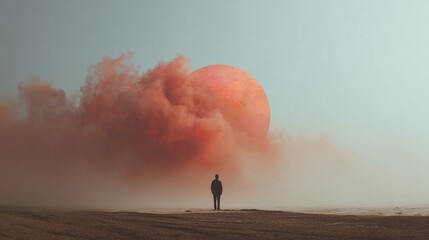 A silhouette of a man standing on an open field looking at a huge red planet covered in smoke and clouds.