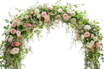 Beautiful floral wedding arch decoration isolated on transparent background. Beautiful wedding flower arch isolated on white background.