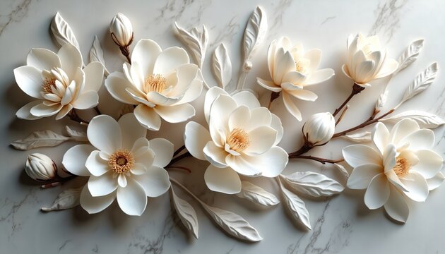 Elegant bas-relief sculpture features white magnolia flowers, leaves on textured marble background. Detailed, three-dimensional floral art intricate craftsmanship, delicate botanical motifs, adding