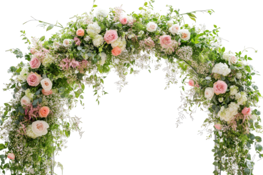 Beautiful floral wedding arch decoration isolated on transparent background. Beautiful wedding flower arch isolated on white background.