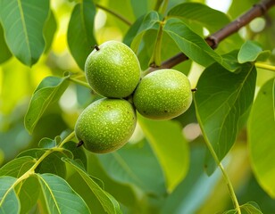 Green walnuts on a branch (1)